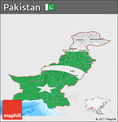 Flag 3D Map of Pakistan, single color outside, bathymetry sea, flag rotated