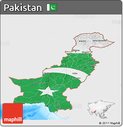 Flag 3D Map of Pakistan, single color outside, bathymetry sea, flag rotated