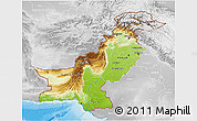 Physical 3D Map of Pakistan, lighten, desaturated, land only