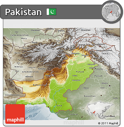 Physical 3D Map of Pakistan, semi-desaturated