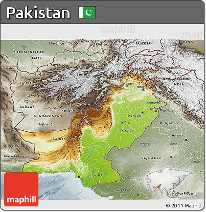 Physical 3D Map of Pakistan, semi-desaturated