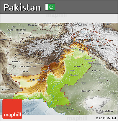 Physical 3D Map of Pakistan, semi-desaturated