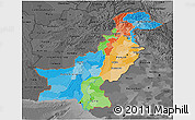 Political 3D Map of Pakistan, darken, desaturated