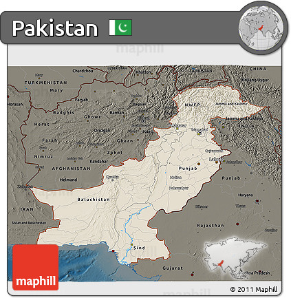 Shaded Relief 3D Map of Pakistan, darken