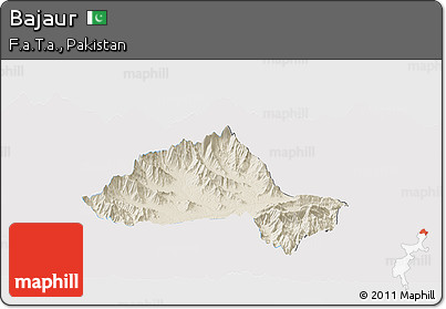 Shaded Relief Panoramic Map of Bajaur, single color outside