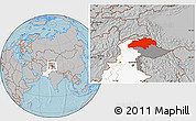 Gray Location Map of Gilgit, highlighted country, highlighted parent region, hill shading