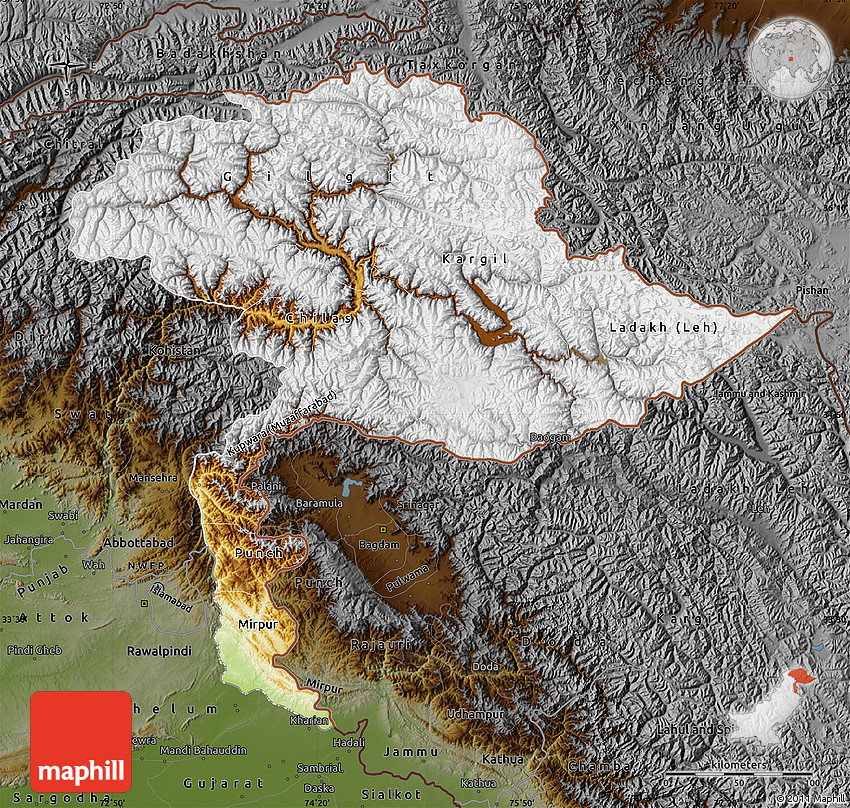 Physical Map of Jammu and Kashmir, darken