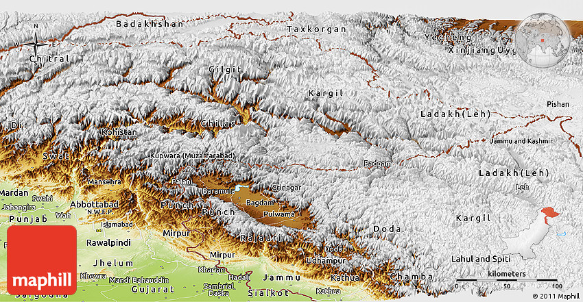 Physical Panoramic Map of Jammu and Kashmir