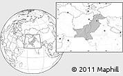 Gray Location Map of Pakistan, blank outside, hill shading inside