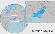Political Location Map of Pakistan, gray outside, hill shading