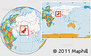 Political Location Map of Pakistan, highlighted continent, within the entire continent