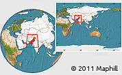 Satellite Location Map of Pakistan, highlighted continent, within the entire continent