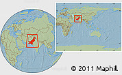 Savanna Style Location Map of Pakistan, within the entire continent, hill shading