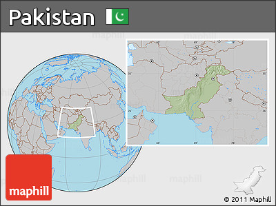 Savanna Style Location Map of Pakistan, gray outside, hill shading inside