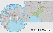 Savanna Style Location Map of Pakistan, gray outside, hill shading inside