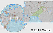 Savanna Style Location Map of Pakistan, gray outside, hill shading