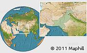 Savanna Style Location Map of Pakistan, satellite outside, hill shading