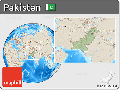 Savanna Style Location Map of Pakistan, shaded relief outside, hill shading