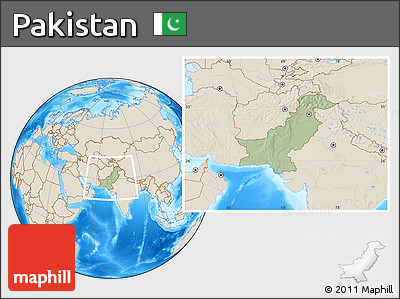 Savanna Style Location Map of Pakistan, shaded relief outside, hill shading