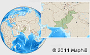 Savanna Style Location Map of Pakistan, shaded relief outside, hill shading