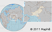 Shaded Relief Location Map of Pakistan, gray outside, hill shading