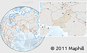 Shaded Relief Location Map of Pakistan, lighten, semi-desaturated