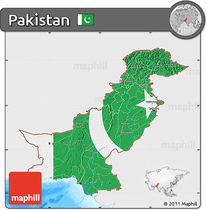 Flag Map of Pakistan, single color outside, bathymetry sea, flag centered