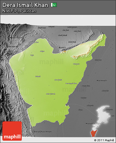 Physical 3D Map of Dera Ismail Khan, darken, desaturated
