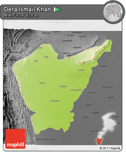 Physical 3D Map of Dera Ismail Khan, darken, desaturated