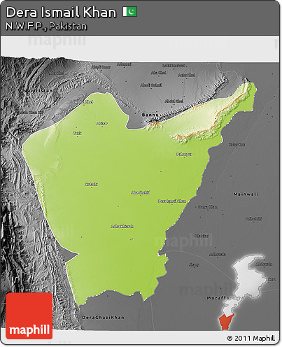 Physical 3D Map of Dera Ismail Khan, darken, desaturated
