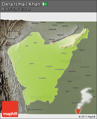 Physical 3D Map of Dera Ismail Khan, darken, semi-desaturated