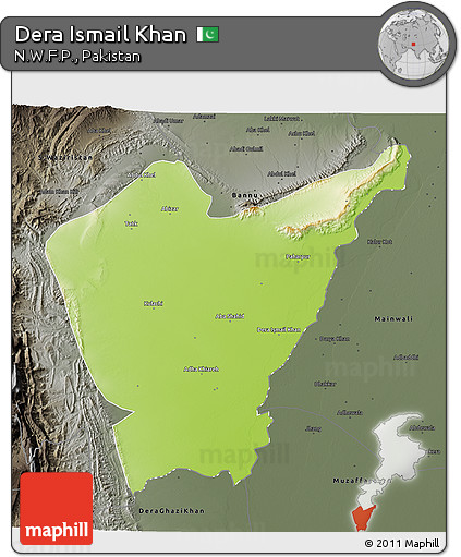 Physical 3D Map of Dera Ismail Khan, darken, semi-desaturated