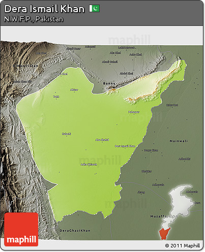 Physical 3D Map of Dera Ismail Khan, darken, semi-desaturated