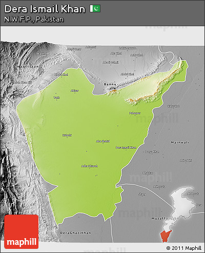 Physical 3D Map of Dera Ismail Khan, desaturated
