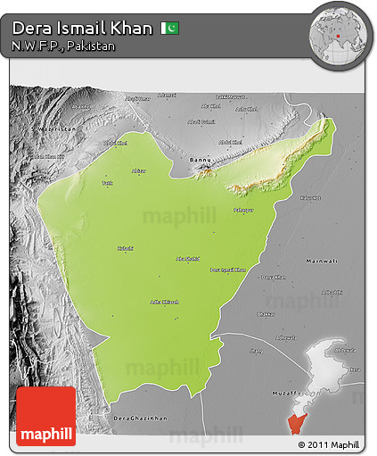 Physical 3D Map of Dera Ismail Khan, desaturated