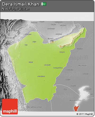Physical 3D Map of Dera Ismail Khan, desaturated