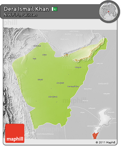 Physical 3D Map of Dera Ismail Khan, lighten, desaturated