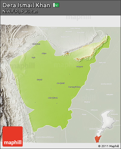 Physical 3D Map of Dera Ismail Khan, lighten, semi-desaturated