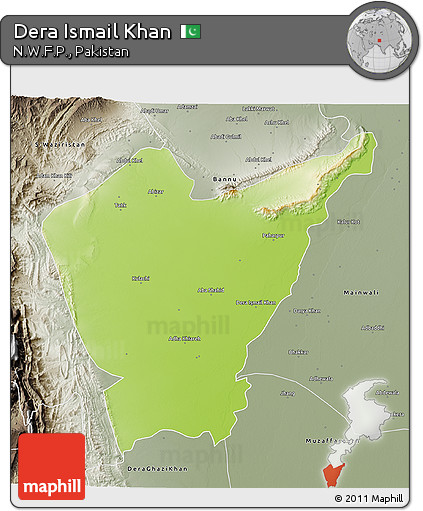 Physical 3D Map of Dera Ismail Khan, semi-desaturated