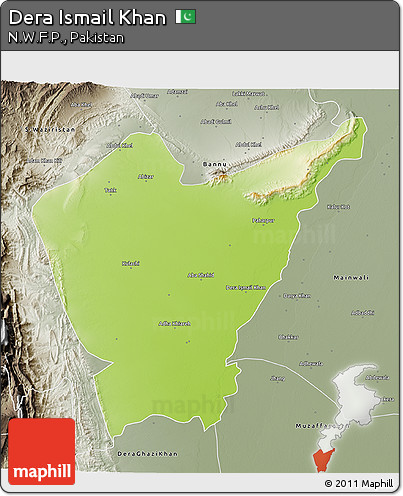 Physical 3D Map of Dera Ismail Khan, semi-desaturated