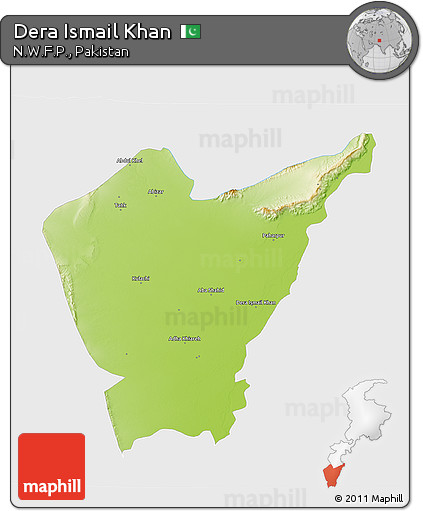 Physical 3D Map of Dera Ismail Khan, single color outside