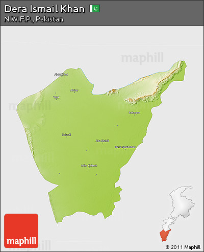 Physical 3D Map of Dera Ismail Khan, single color outside