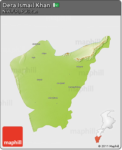 Physical 3D Map of Dera Ismail Khan, single color outside