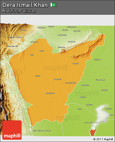 Political 3D Map of Dera Ismail Khan, physical outside