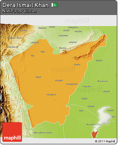 Political 3D Map of Dera Ismail Khan, physical outside