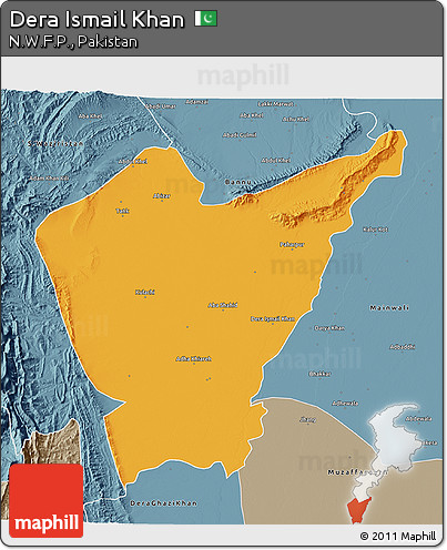 Political 3D Map of Dera Ismail Khan, semi-desaturated