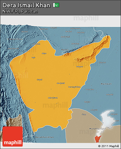 Political 3D Map of Dera Ismail Khan, semi-desaturated