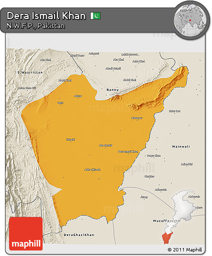 Political 3D Map of Dera Ismail Khan, shaded relief outside