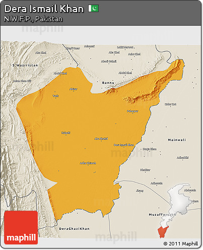 Political 3D Map of Dera Ismail Khan, shaded relief outside