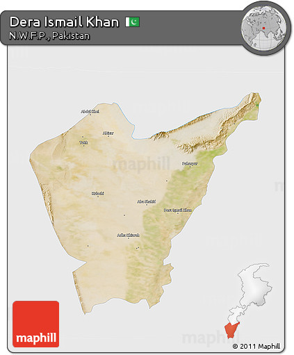Satellite 3D Map of Dera Ismail Khan, single color outside